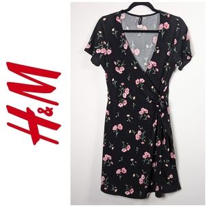 H&M Divided Black Floral Wrap Dress Size 12